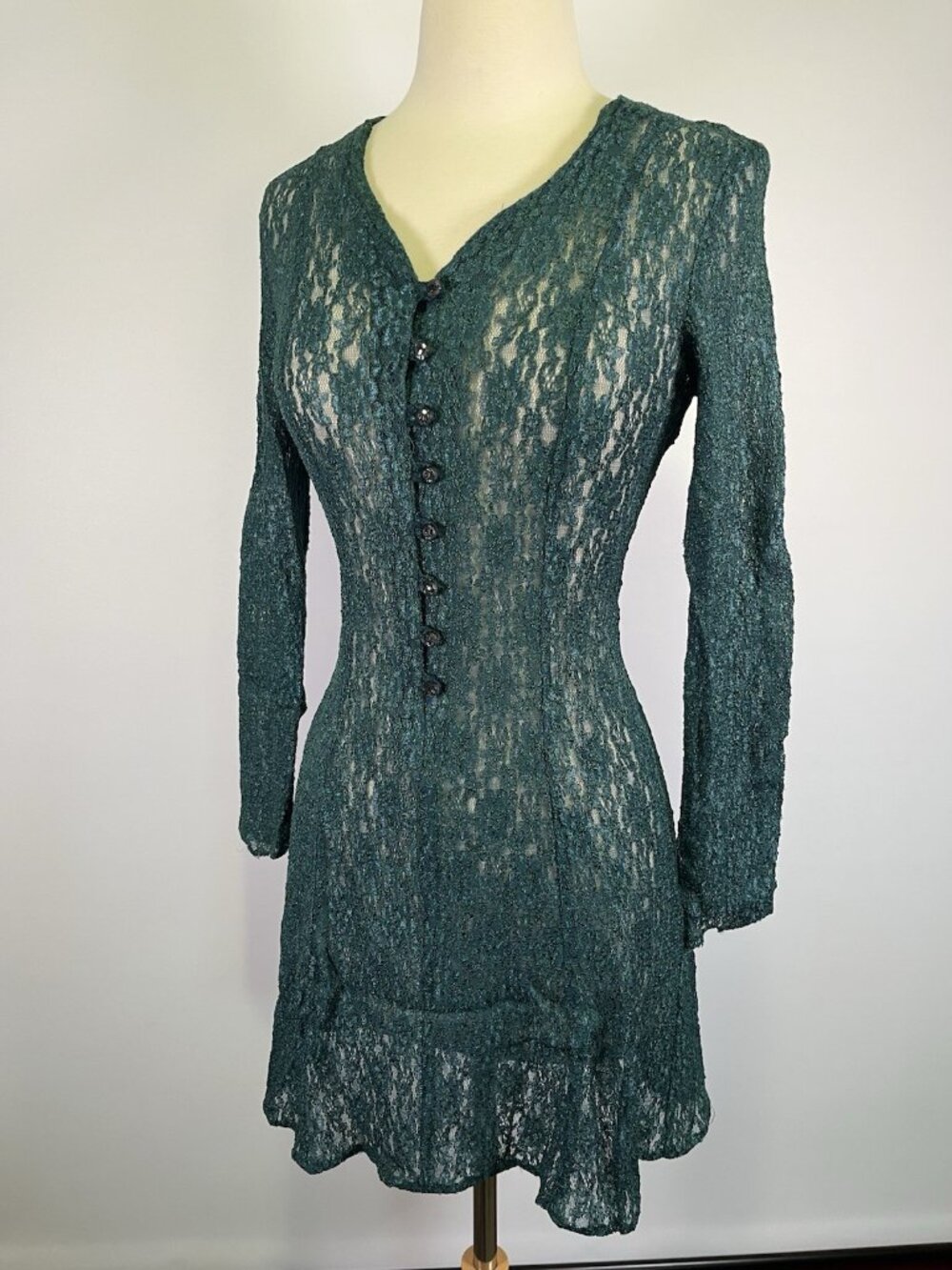 VTG 90s Green Lace Corset Back Mini Dress Sheer Gothic Romantic Grunge Small